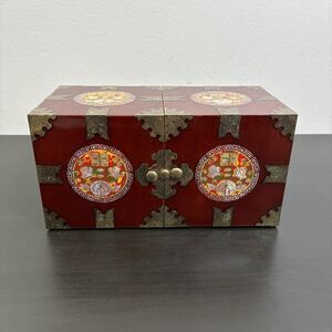 Chinese Lacquered Jewelry/‎ Trinket Box Mother Of Pearl Brass Inlay 4 Drawers